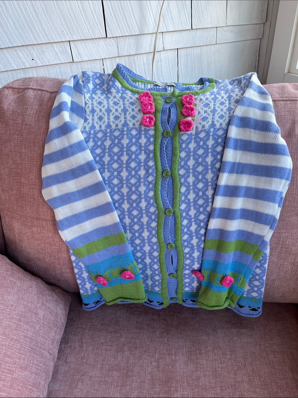 MISSLOOK Blue and White Striped Floral Accent Cardigan with Green Trim